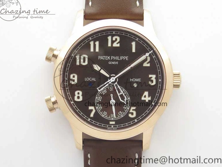 MIROTIME 0406 Calatrava 5524R Pilot Travel Time RG GRF Brown Dial on Brown Leather Strap MIYOTA TopPick 7155